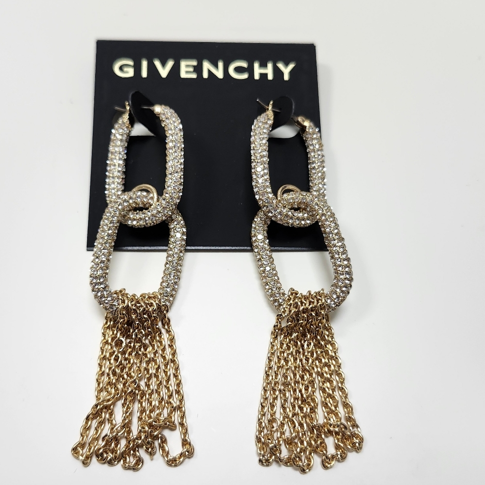 NWT Givenchy Gold-Tone Crystal Pave Chain Statement Earrings